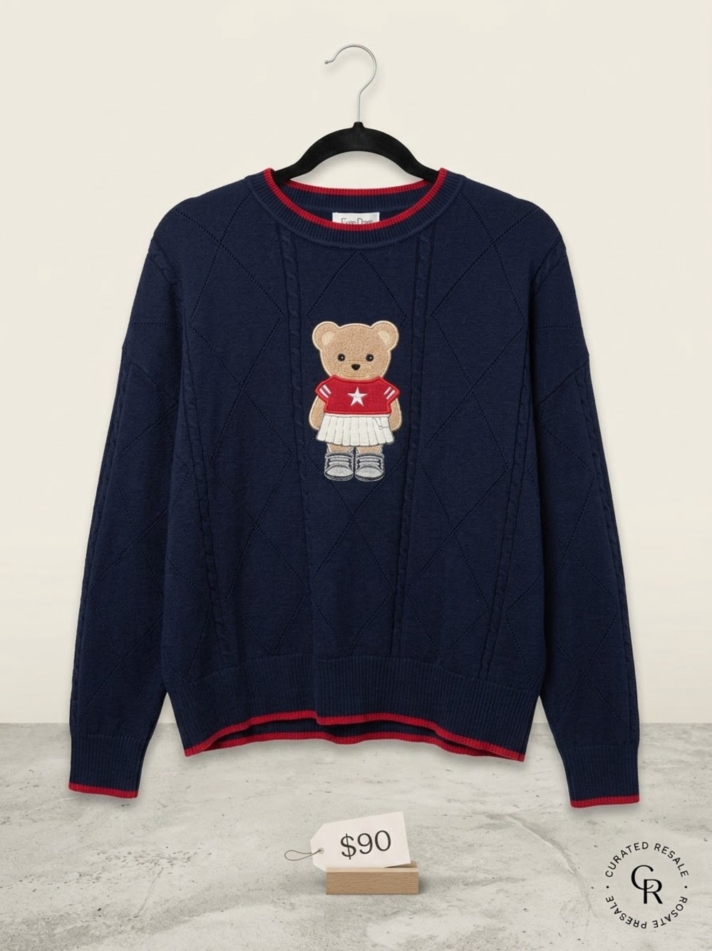 Faded rose viral tennis girl Navy Teddy bear Appliqué Crewneck Sweater medium M - Picture 2 of 4
